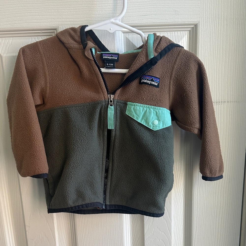 Patagonia Brown and Olive Fleece Jacket with Mint Accent